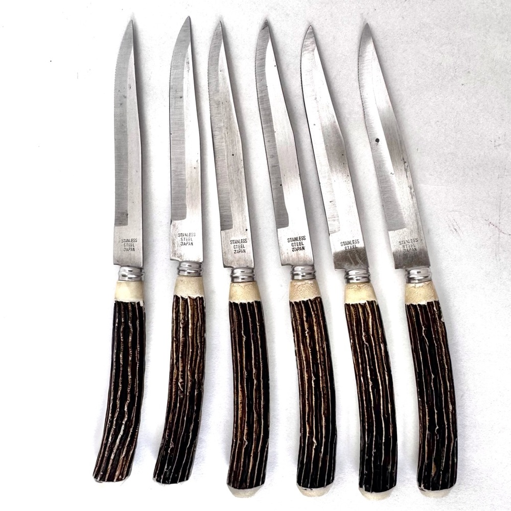 Vintage 6 Steak Knives Faux Antler Handles